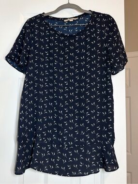 LOFT Navy Blue Short Sleeve Printed Blouse